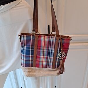 Kim Rogers Red & Blue Madras Plaid Tote with Brown Leather Trim